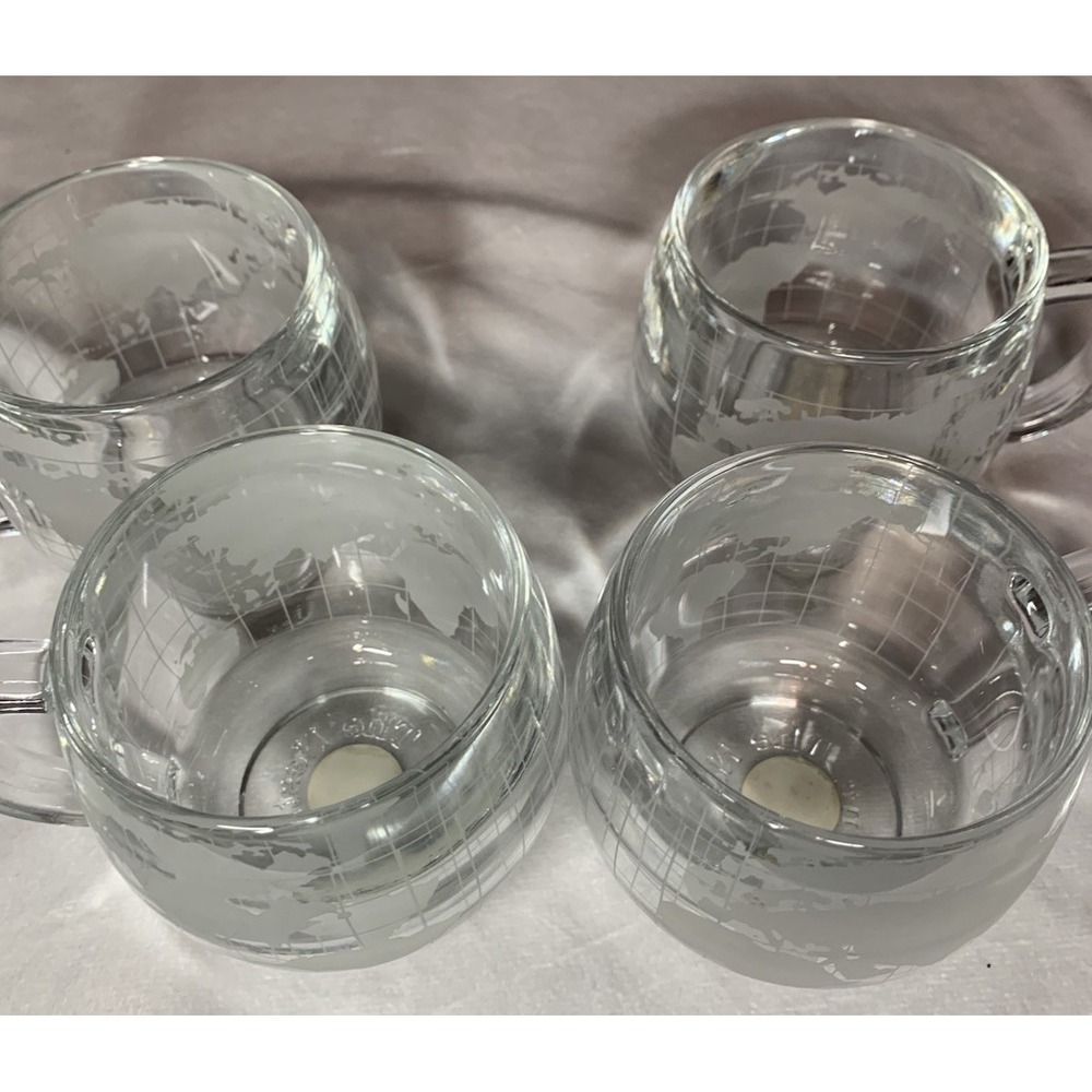 4 Vintage 1970s Nestle Nescafe World Globe Map Etched Clear Glass Coffee Mugs - Picture 2 of 5